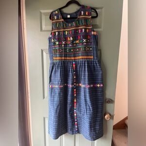 Vintage Guatemalan Embroidered Blue Sleeveless Dress w/ Colorful Folk Stitching
